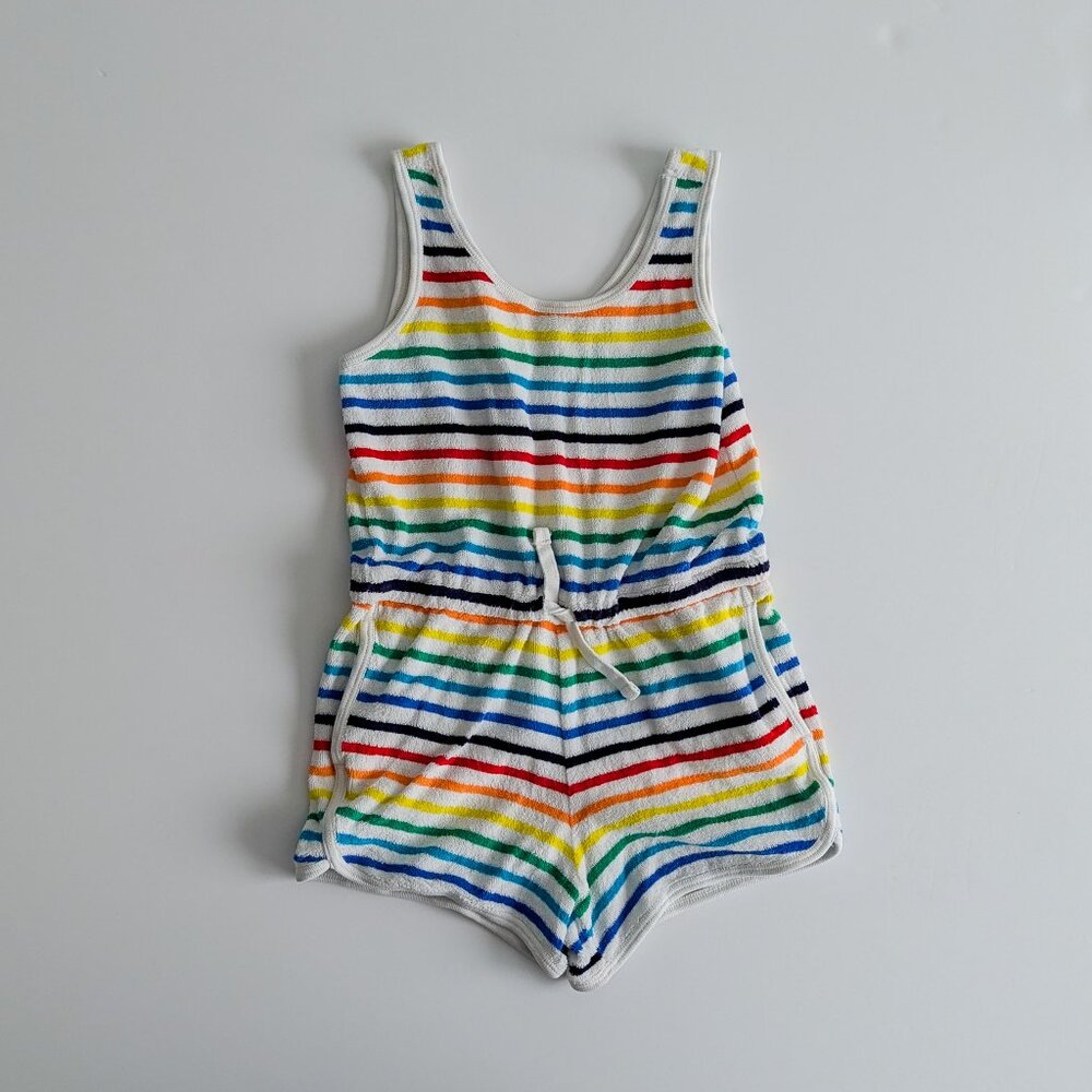 Primary kids towel terry romper in rainbow stripe size 6-7 flaws shown